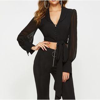 Tie-waist Cropped V-neck Mesh Blouse