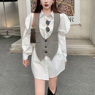 Plain Puff Sleeve Shirtdress / Two-tone Checker Button-up Vest