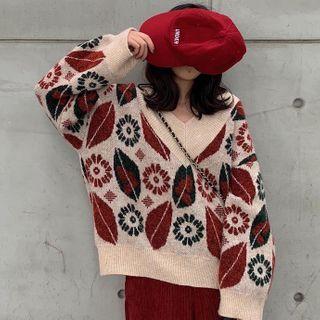 Floral Print V-neck Sweater