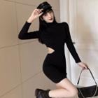 Long-sleeve Mock-neck Cutout Faux Pearl Trim Mini Bodycon Dress Black - One Size
