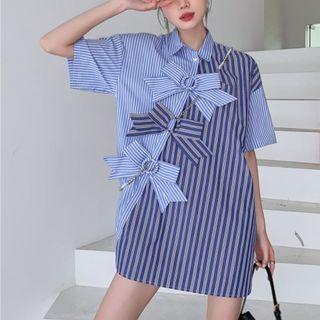 Elbow-sleeve Ribbon Striped Mini Shirtdress