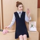 Mock Two-piece Long-sleeve Pintstriped Shirtdress