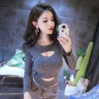 Long-sleeve Cutout Top Gray - One Size