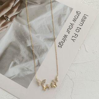 Rhinestone Butterfly Necklace 5 Butterflies Separate - Gold - One Size