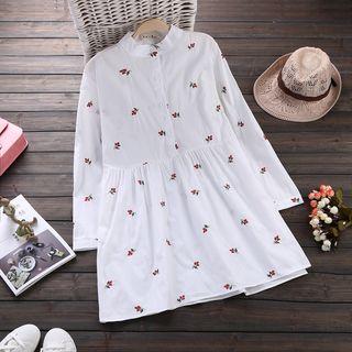 Flower Embroidered Band Collar Long Sleeve Dress