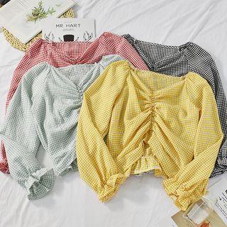 Long-sleeve Gingham Crinkled Cropped Blouse