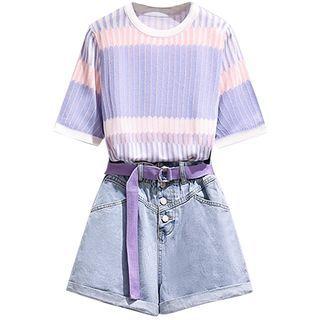 Short-sleeve Knit Top / Denim Shorts / Set