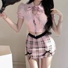 Puff-sleeve Cut-out Bow Detail Crop Shirt / Plaid Mini Pencil Skirt
