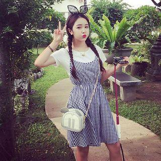 Set Of Two: Spaghetti-strap Tie-waist Dress + Short-sleeve Plain Top