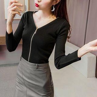 Long-sleeve Zip-up Knit Top