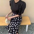 Plain Puff-sleeve Top / Floral Midi Skirt