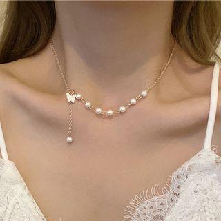 Faux Pearl Butterfly Necklace 3895 - White & Gikd - One Size