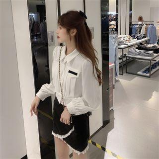 Long-sleeve Shirt / High Waist Lace Skinny Skirt