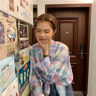 Long-sleeve Plaid Chiffon Shirt Light Purple - One Size