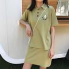 Set: Avocado Embroidered Short-sleeve Polo Shirt + A-line Skirt Polo Shirt - Green - One Size / Skirt - Green - One Size