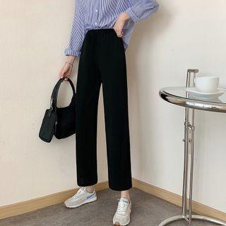 Plain High-waist Straight Leg Pants Black - One Size