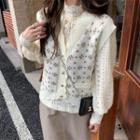 Floral Button-up Sweater Vest / Mock-neck Lace Top