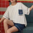 Loungewear Set : Short-sleeve Striped Bear Print Top + Shorts
