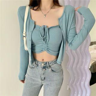 Long-sleeve Plain Cardigan / Lace-up Plain Tube Top