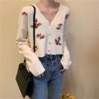 Floral Embroidered Button-up Knit Cropped Jacket Beige - One Size