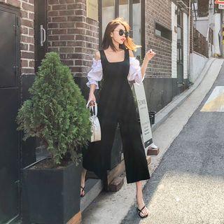 Cold-shoulder Contrast-sleeve Jumpsuit With Sash