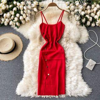 Button Split Suspender Knit Dress