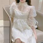 Puff-sleeve Ruffle Blouse / Mini Overall Dress