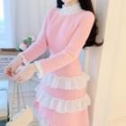 Long-sleeve Ruffle Trim Fluffy A-line Dress