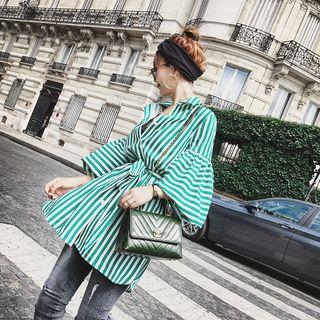 Striped Balloon-sleeve Shirt With Sash
