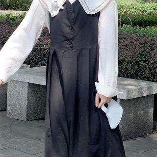 Long-sleeve Lace Trim Collared Blouse / Midi A-line Overall Dress