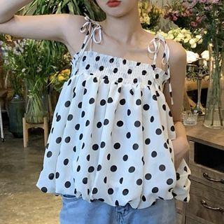 Spaghetti Strap Dotted Top Black Dot - White - One Size
