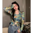 Long-sleeve Print Slim-fit Top Green - One Size