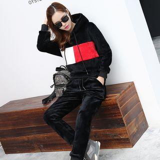 Set : Colour Block Fleece-lined Hoodie + Sweatpants