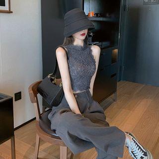 Sleeveless Cropped Lace Top / High-waist Wide-leg Pants