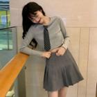 Neck Tie Knit Top / Pleated Skirt