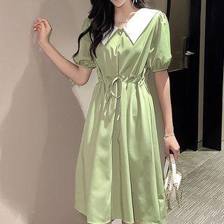 Drawstring Waist Contrast Collar Short-sleeve Midi Dress