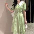 Drawstring Waist Contrast Collar Short-sleeve Midi Dress