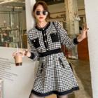 Set: Long-sleeve Checked Buttoned Knit Top + Mini A-line Skirt Set - Top - Plaid - One Size / A-line Skirt - Plaid - One Size