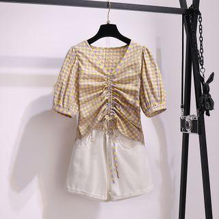 Set: Plaid Drawstring Ruched Elbow-sleeve Blouse + Shorts