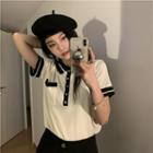 Polo-neck Two-tone Pocket Knit Top White - One Size
