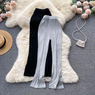 High-waist Plain Slit Bell-bottom Pants