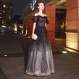 Cold-shoulder Star Print A-line Mesh Evening Gown