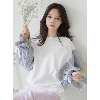 Round-neck Beribboned Contrast-sleeve Pullover