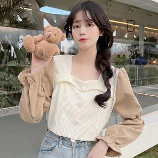 Flared-cuff Square Neck Tweed-panel Blouse