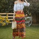 Puff-sleeve Top / Patterned Maxi Skirt / Set
