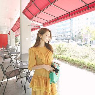 Lace-trim Frilled Long Tiered Dress