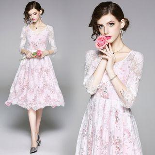 Set: Spaghetti Strap A-line Midi Dress + Elbow-sleeve Lace Dress