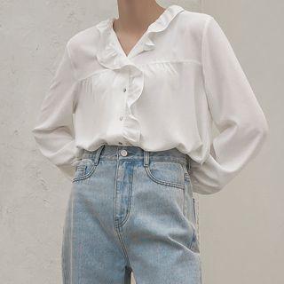 V-neck Frilled Shirred Blouse White - One Size