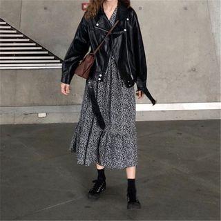 Faux Leather Biker Jacket / Long-sleeve Midi Chiffon Dress
