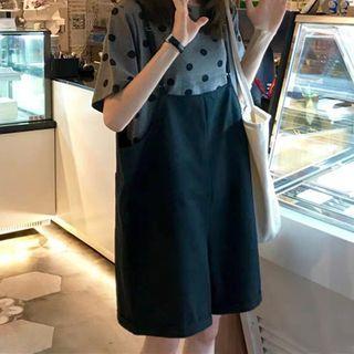 Set: Short-sleeve Dot Print T-shirt + Spaghetti Strap Jumper Shorts